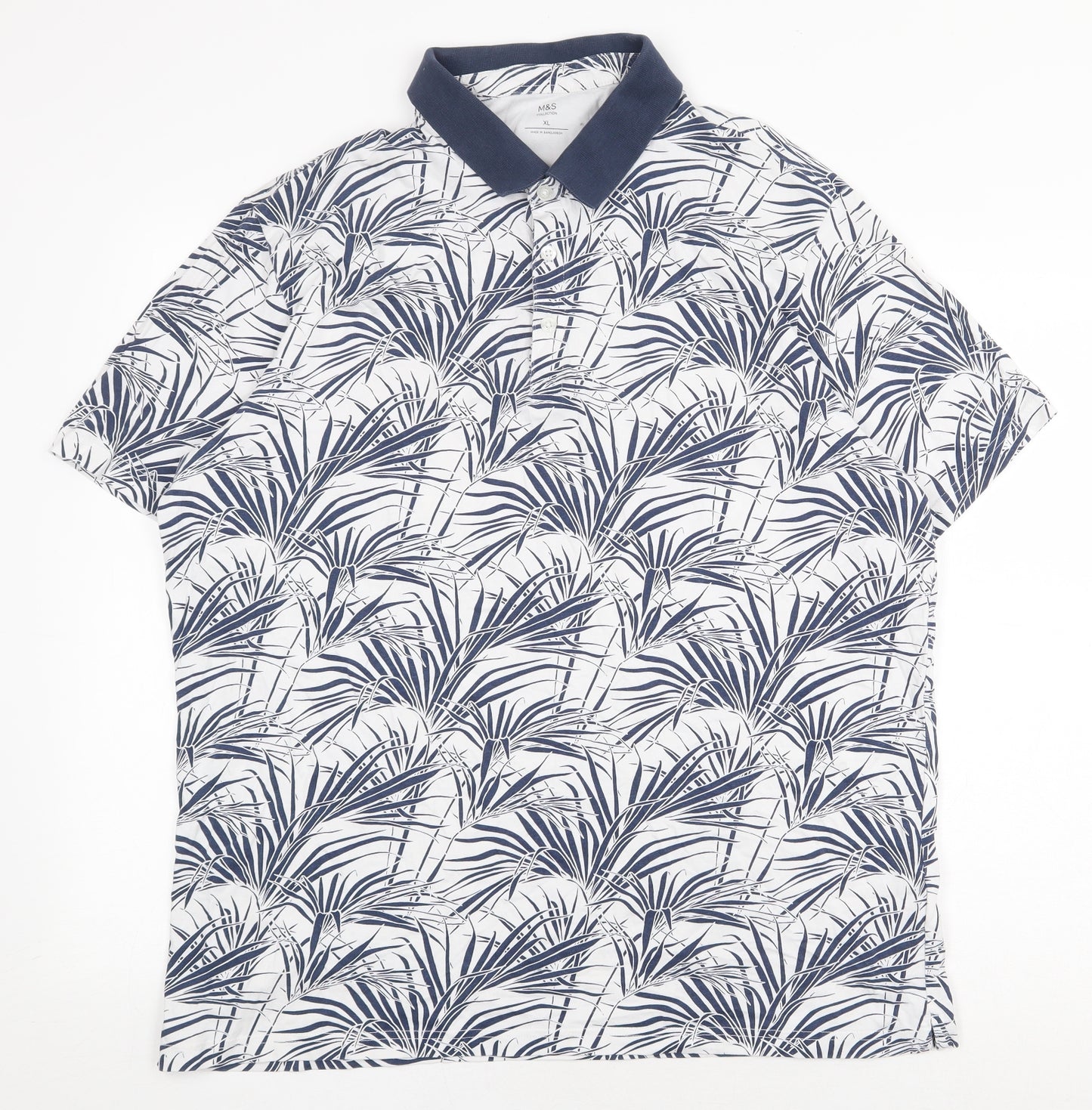 Marks and Spencer Mens White Geometric Cotton Polo Size XL Collared Button