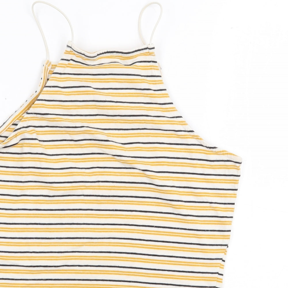 New Look Girls Yellow Striped Cotton Basic Tank Size 12-13 Years Square Neck Pullover