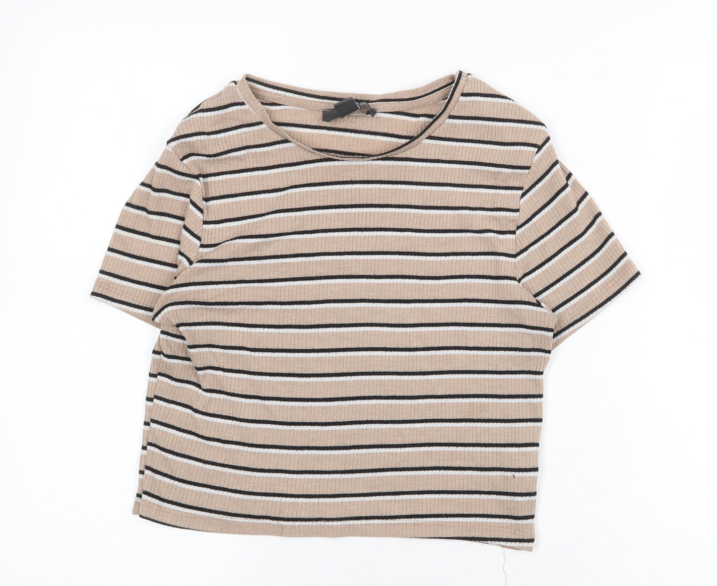 Primark Womens Beige Striped Polyester Cropped T-Shirt Size M Round Neck