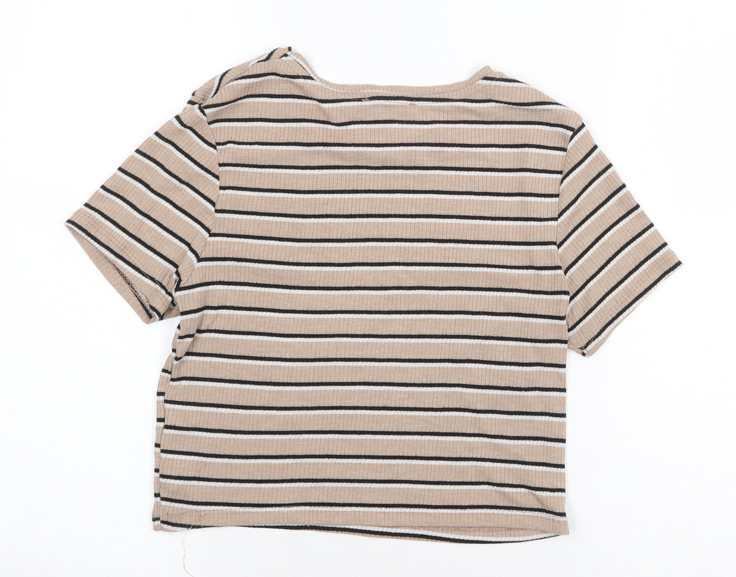 Primark Womens Beige Striped Polyester Cropped T-Shirt Size M Round Neck