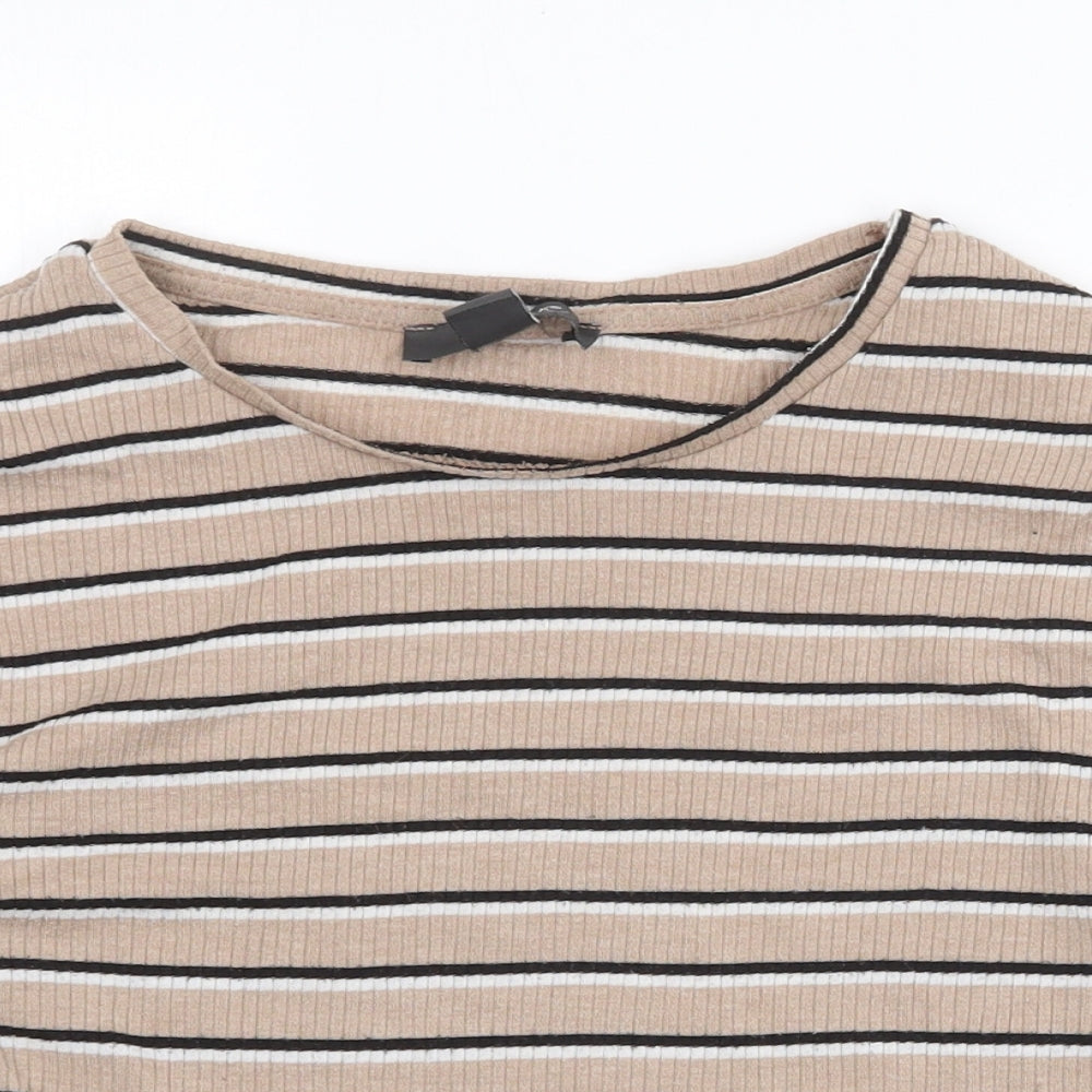 Primark Womens Beige Striped Polyester Cropped T-Shirt Size M Round Neck
