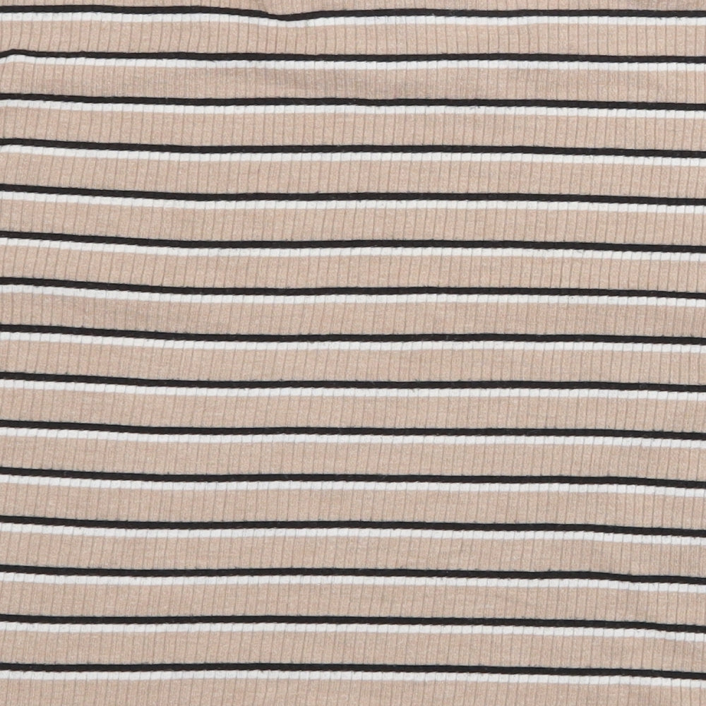 Primark Womens Beige Striped Polyester Cropped T-Shirt Size M Round Neck