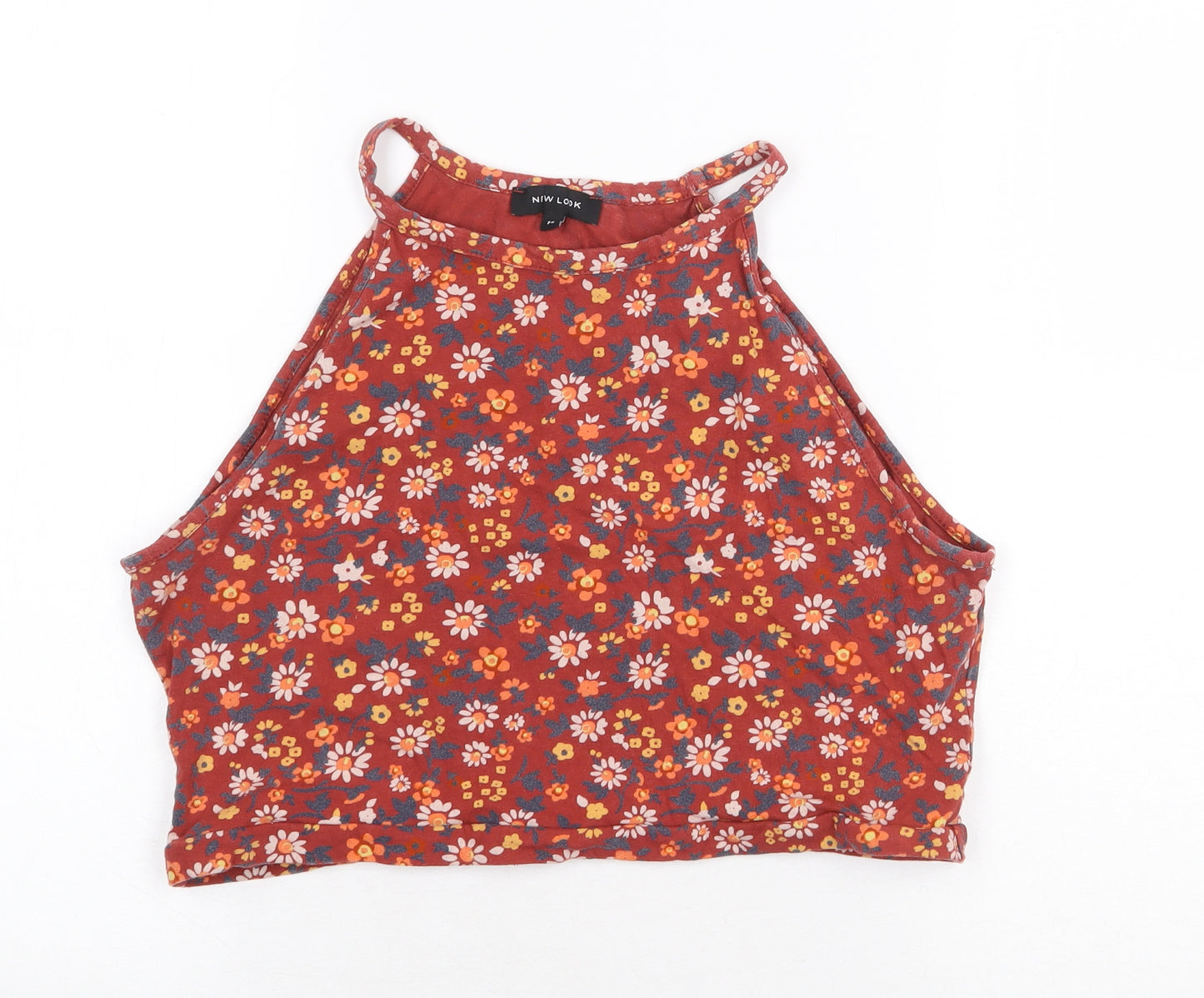 New Look Womens Red Floral Cotton Basic Tank Size 14 Round Neck