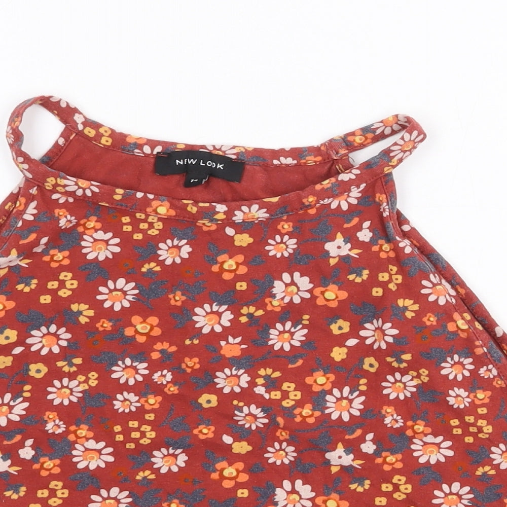 New Look Womens Red Floral Cotton Basic Tank Size 14 Round Neck