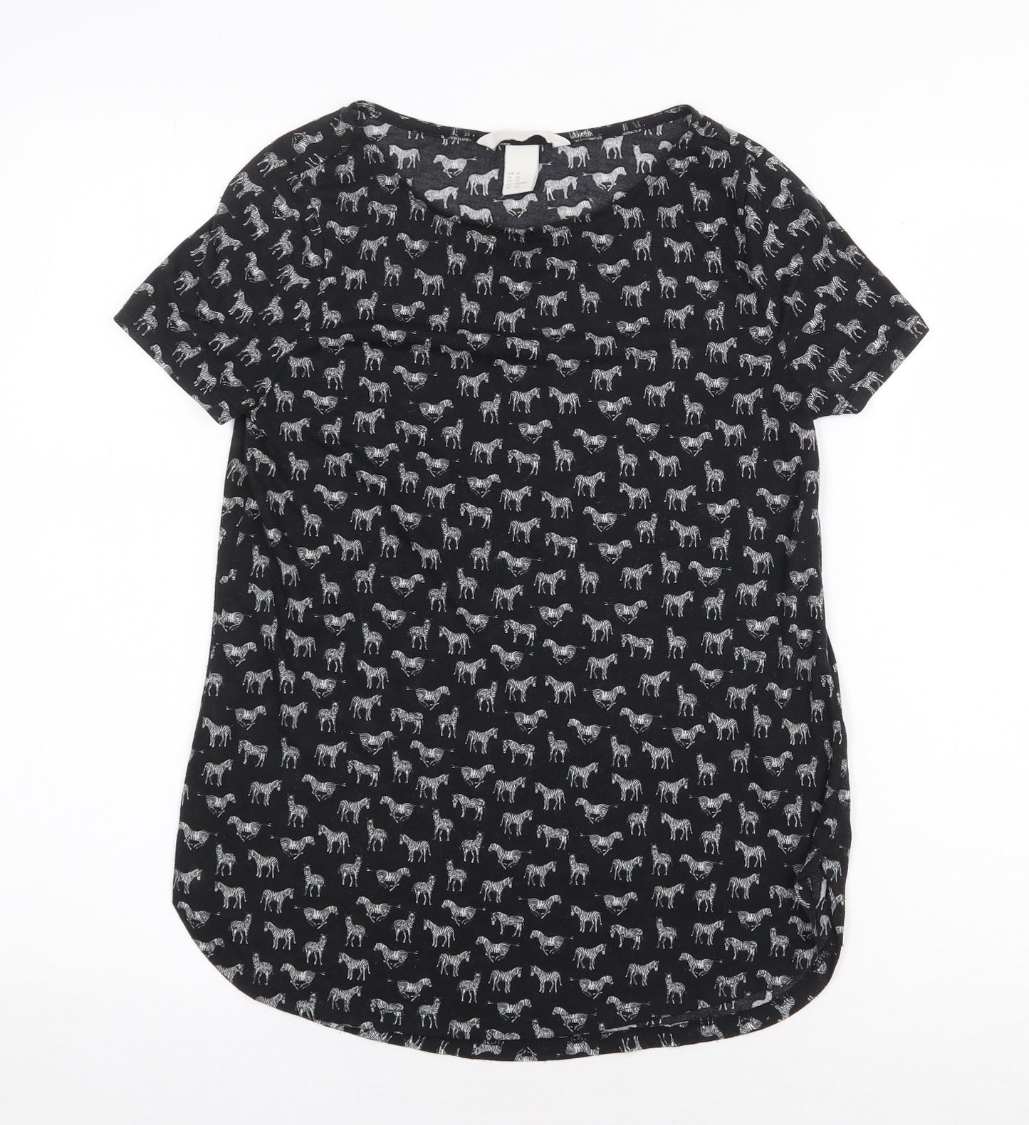 H&M Womens Black Geometric Polyester Basic T-Shirt Size XS Round Neck - Zebra