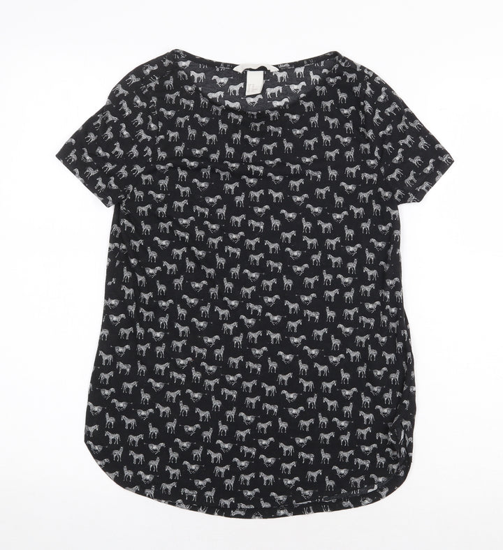 H&M Womens Black Geometric Polyester Basic T-Shirt Size XS Round Neck - Zebra