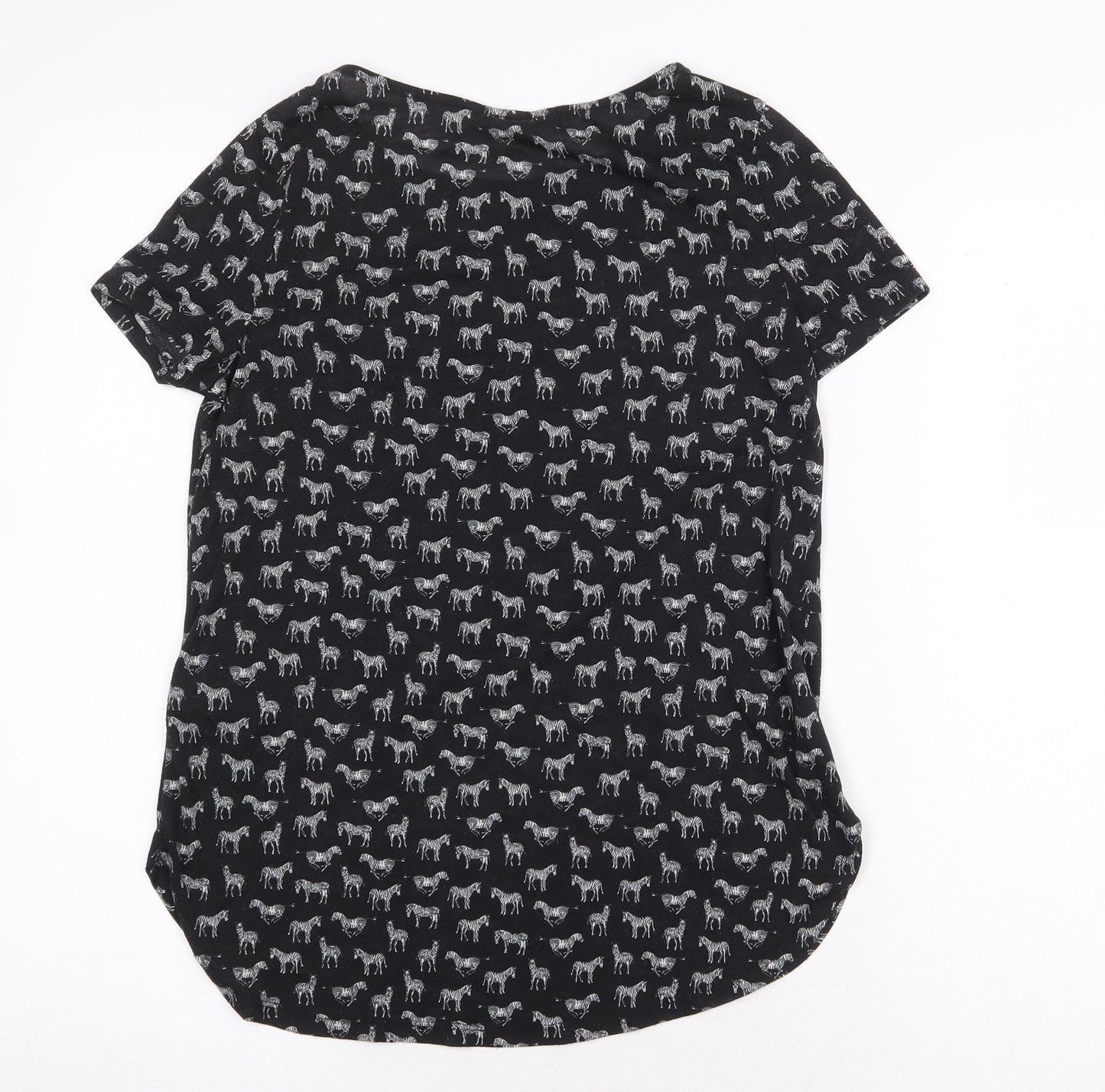 H&M Womens Black Geometric Polyester Basic T-Shirt Size XS Round Neck - Zebra
