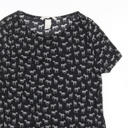 H&M Womens Black Geometric Polyester Basic T-Shirt Size XS Round Neck - Zebra