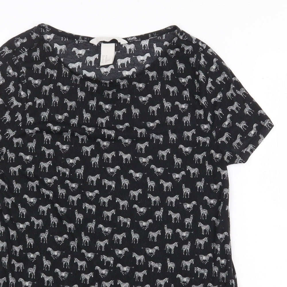 H&M Womens Black Geometric Polyester Basic T-Shirt Size XS Round Neck - Zebra