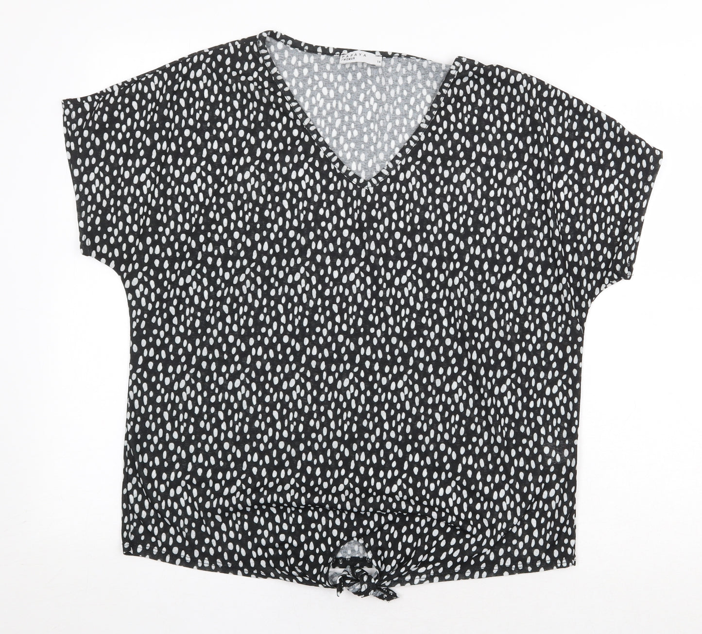 Papaya Womens Black Geometric Polyester Basic T-Shirt Size 14 V-Neck - Knot Front