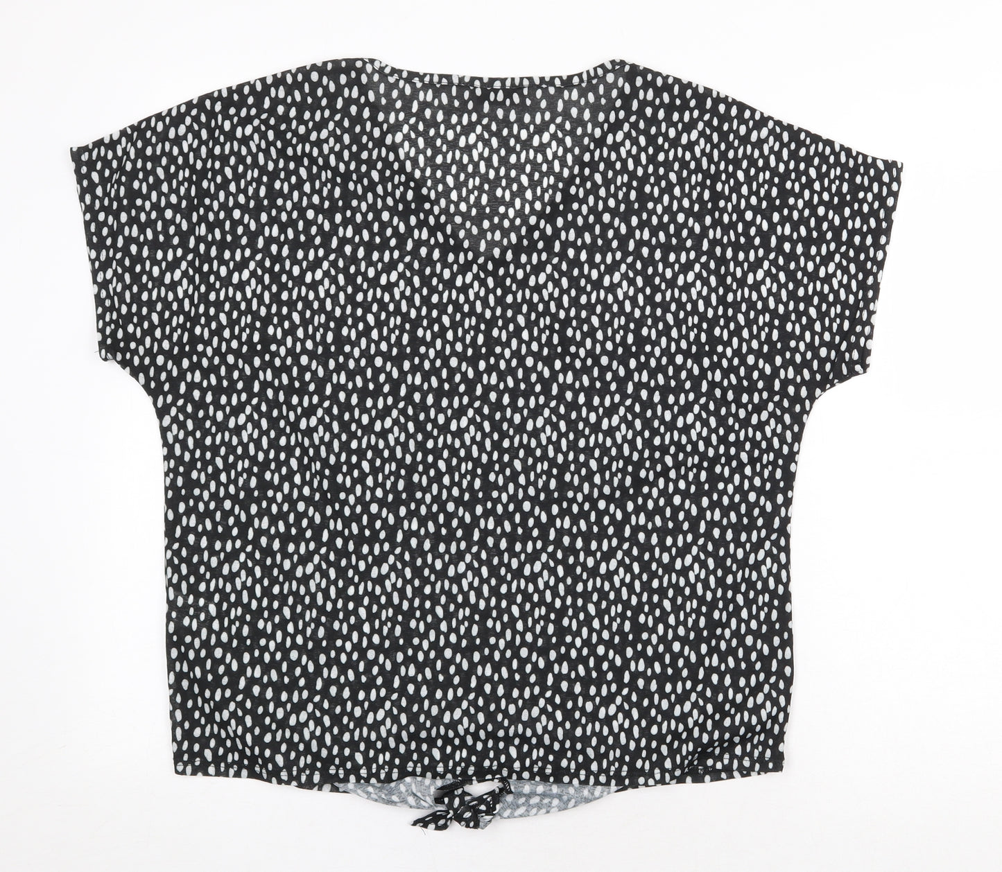 Papaya Womens Black Geometric Polyester Basic T-Shirt Size 14 V-Neck - Knot Front