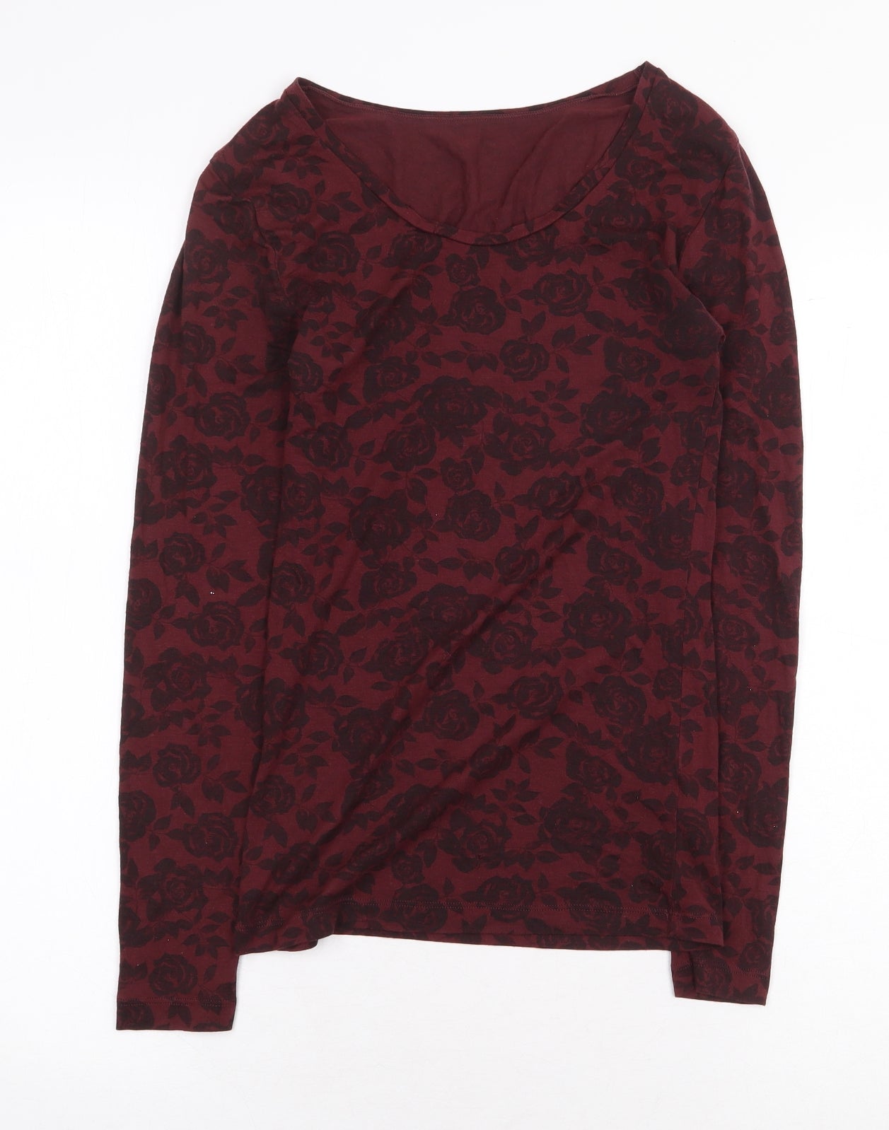 Marks and Spencer Womens Red Floral Viscose Basic T-Shirt Size 8 Scoop Neck