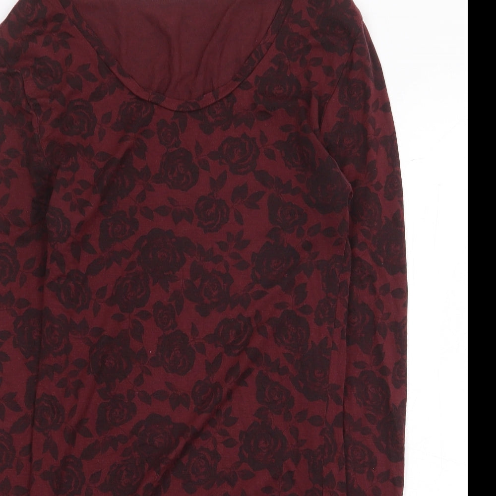 Marks and Spencer Womens Red Floral Viscose Basic T-Shirt Size 8 Scoop Neck