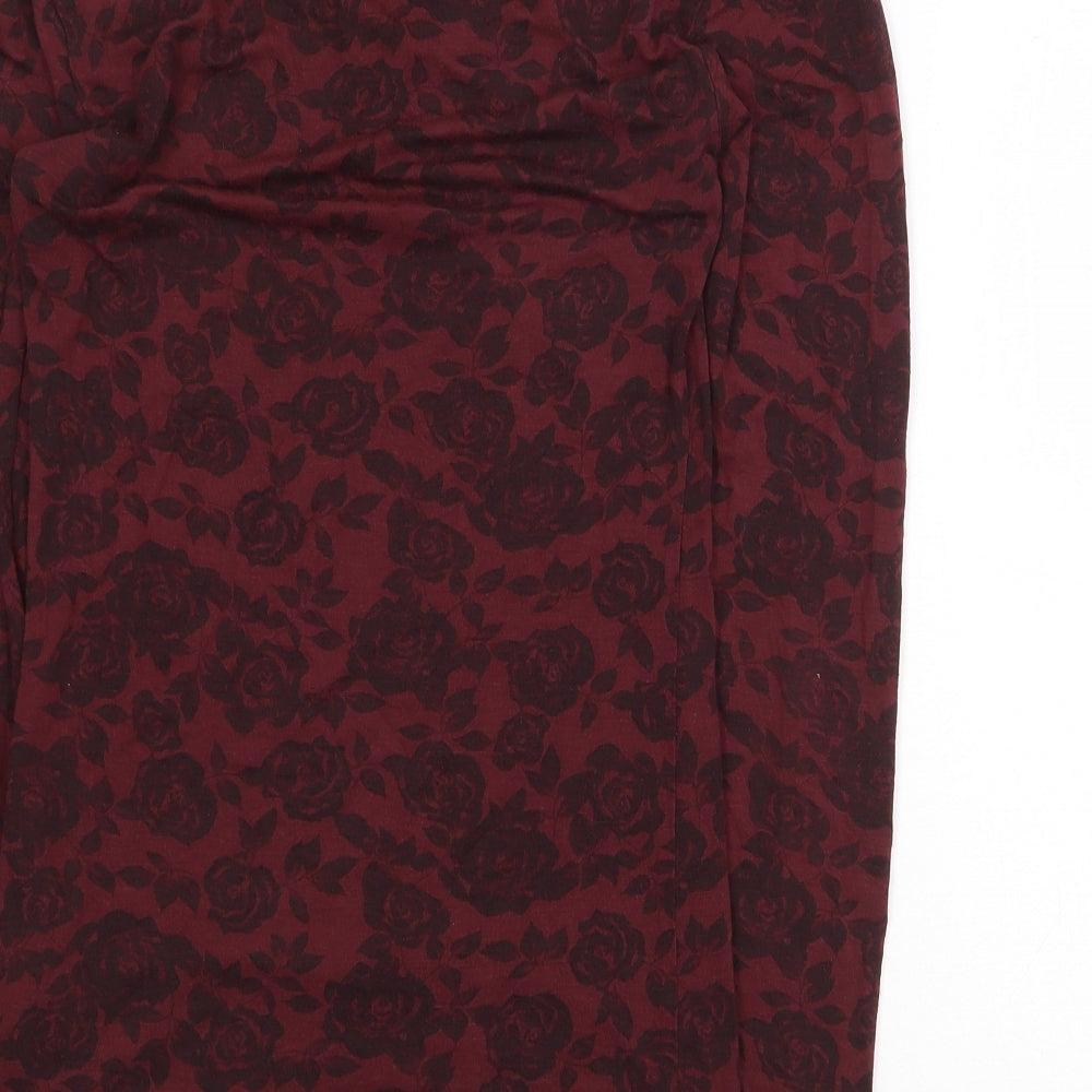 Marks and Spencer Womens Red Floral Viscose Basic T-Shirt Size 8 Scoop Neck