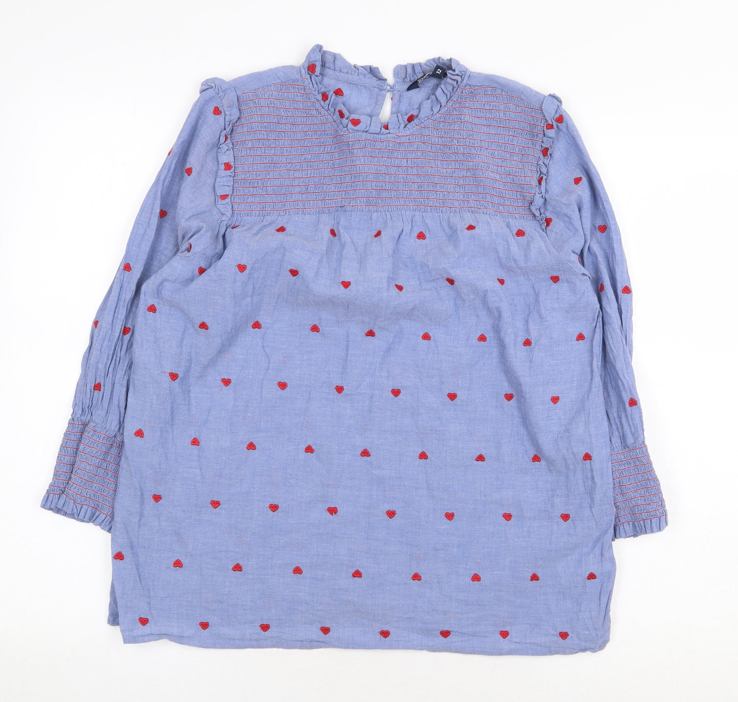Crew Clothing Womens Blue Geometric Cotton Basic Blouse Size 12 Round Neck - Shirred detail