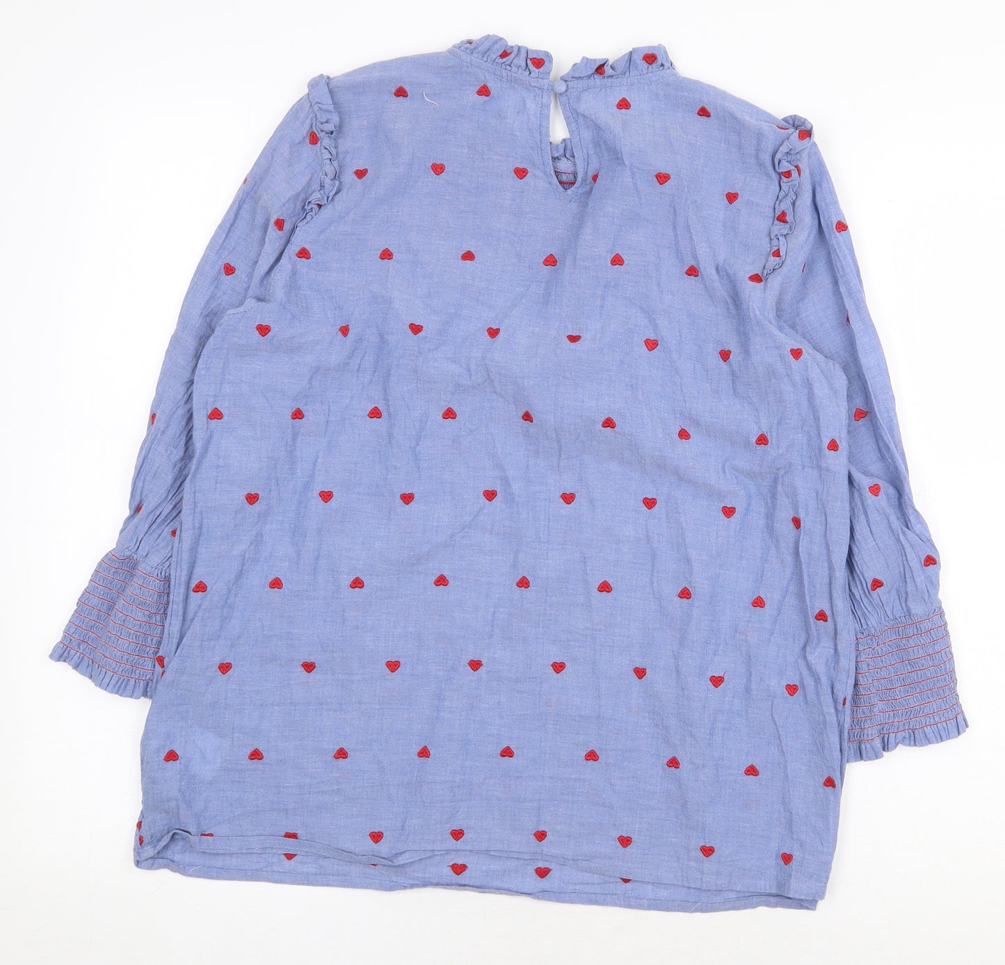 Crew Clothing Womens Blue Geometric Cotton Basic Blouse Size 12 Round Neck - Shirred detail