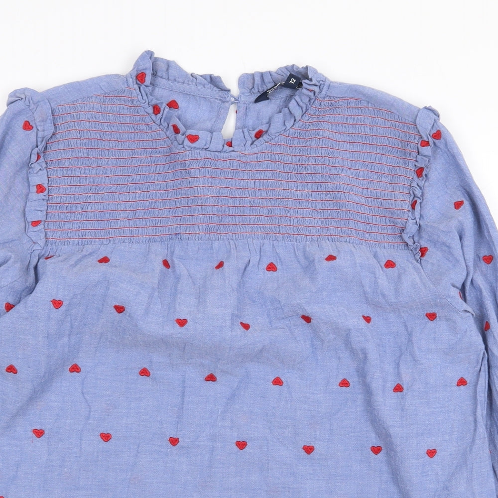 Crew Clothing Womens Blue Geometric Cotton Basic Blouse Size 12 Round Neck - Shirred detail