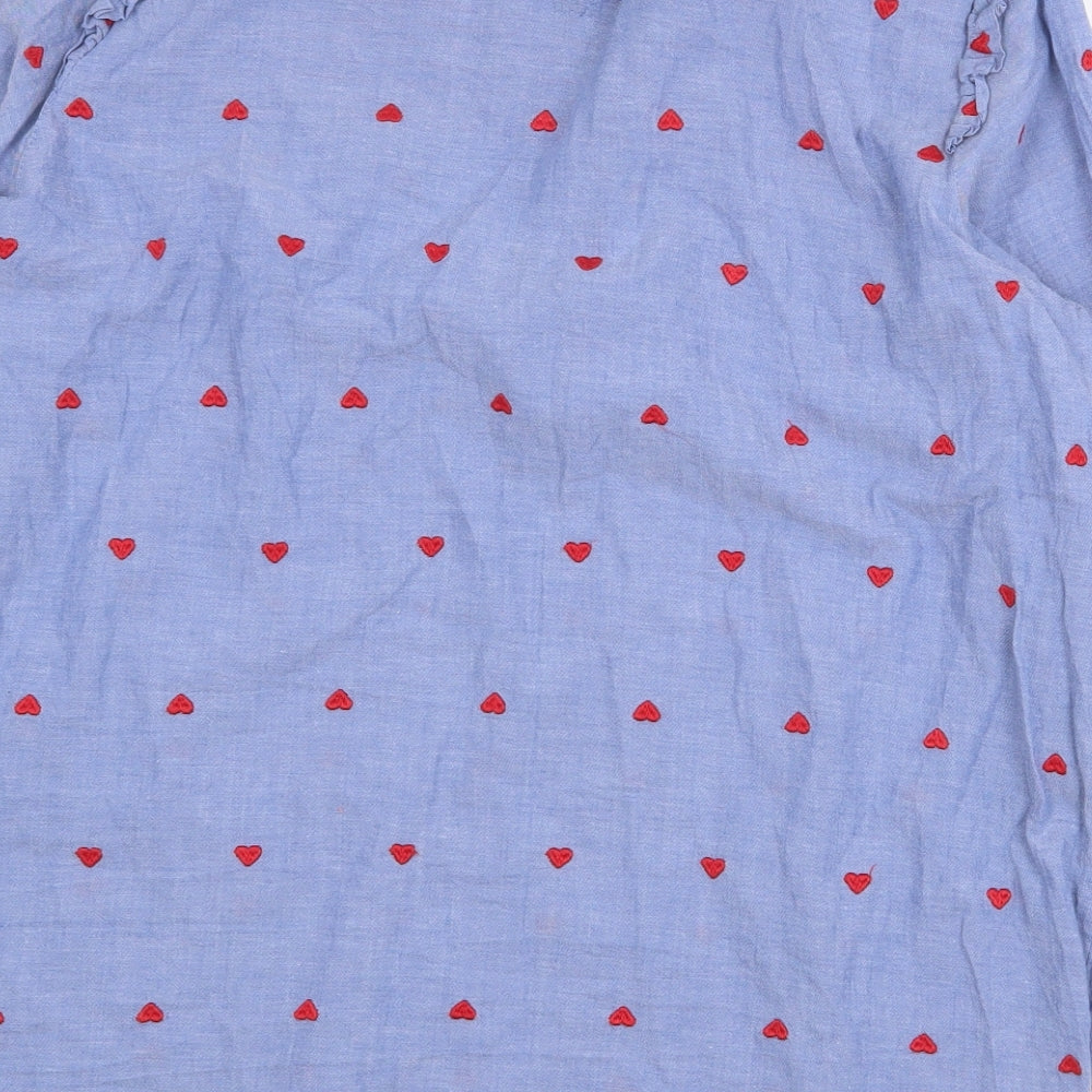 Crew Clothing Womens Blue Geometric Cotton Basic Blouse Size 12 Round Neck - Shirred detail