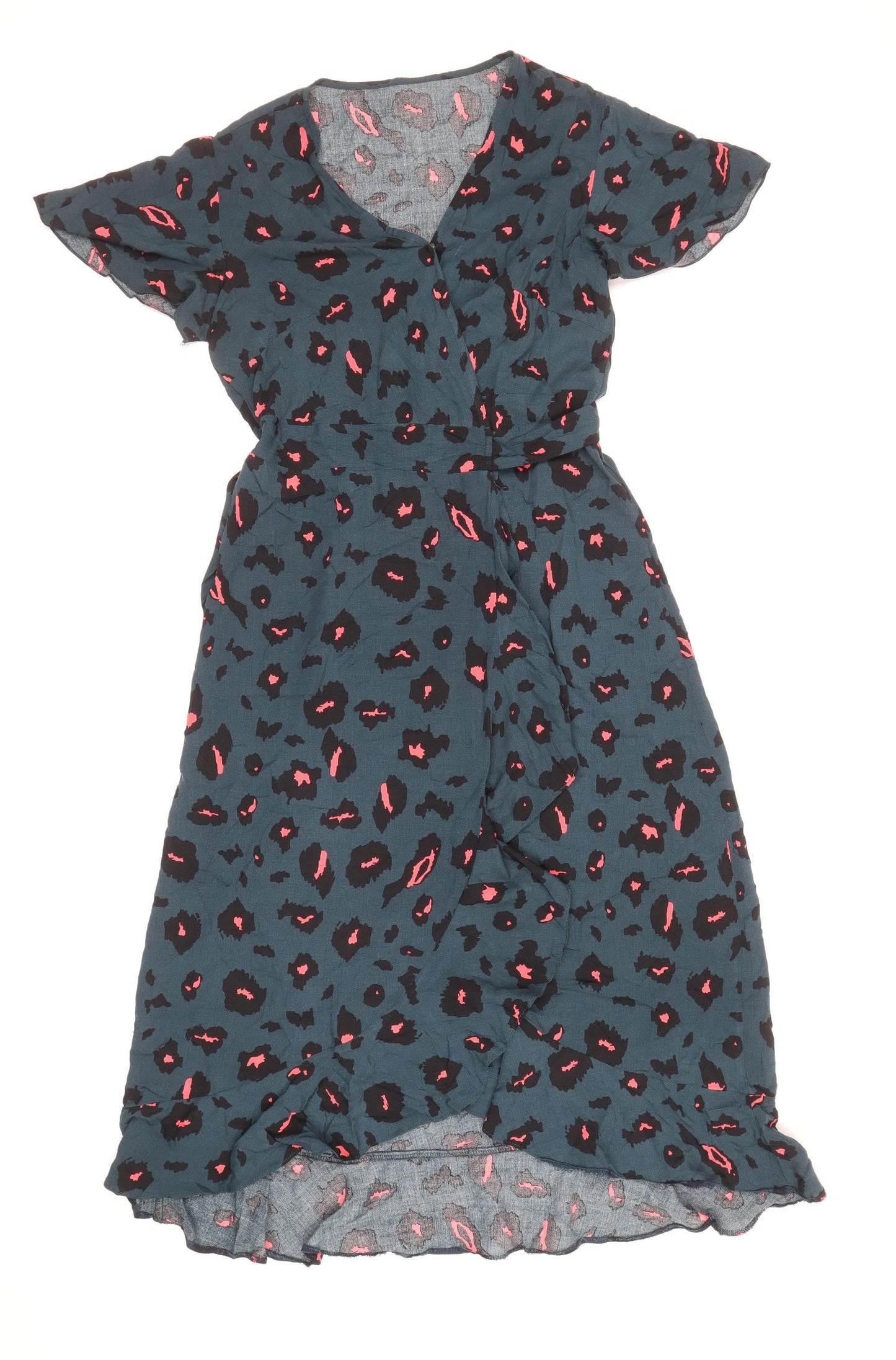 SheIn Womens Blue Animal Print Viscose A-Line Size M V-Neck Tie - Leopard Print
