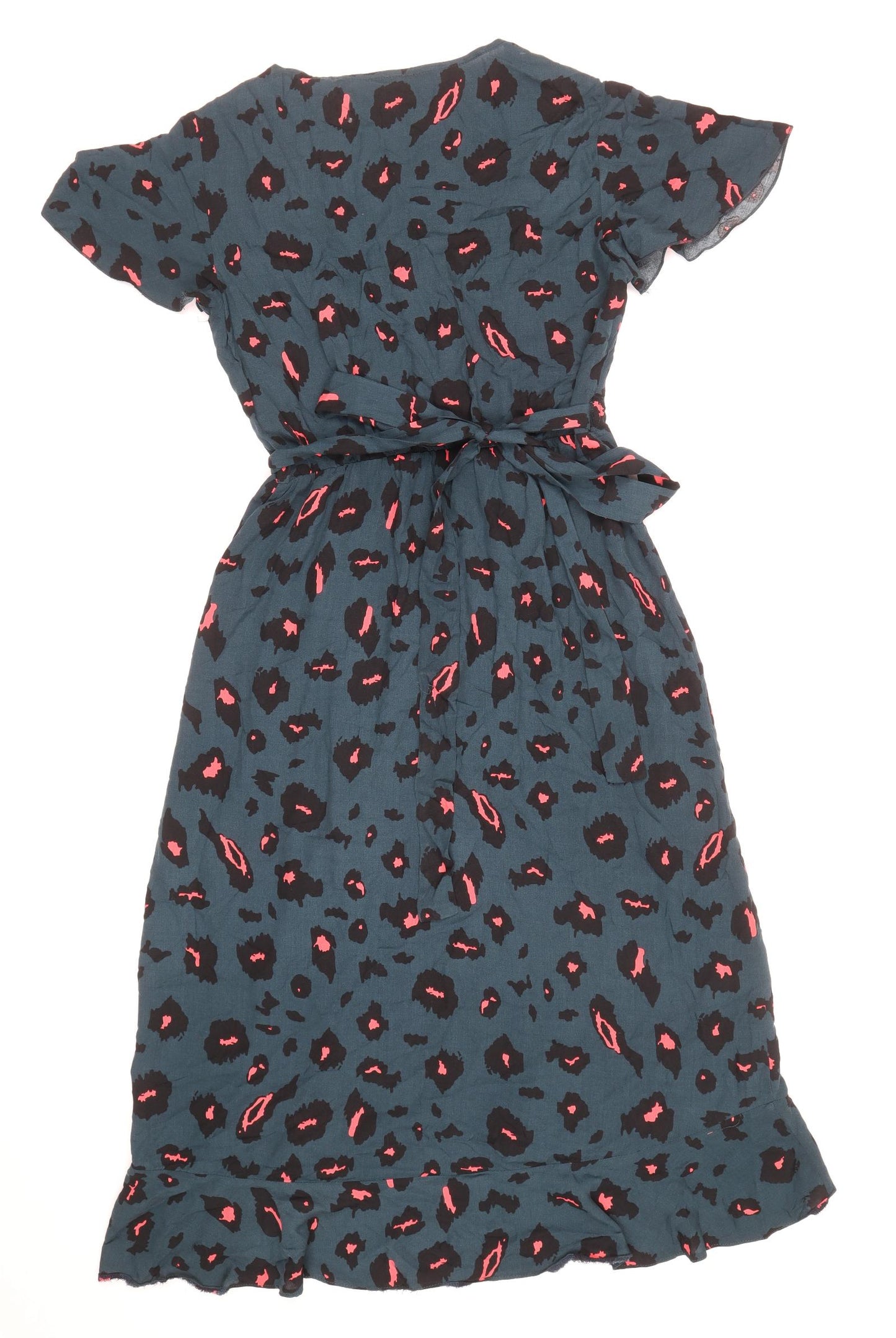 SheIn Womens Blue Animal Print Viscose A-Line Size M V-Neck Tie - Leopard Print