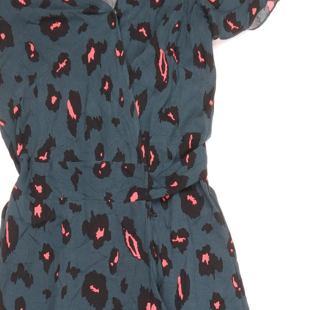 SheIn Womens Blue Animal Print Viscose A-Line Size M V-Neck Tie - Leopard Print