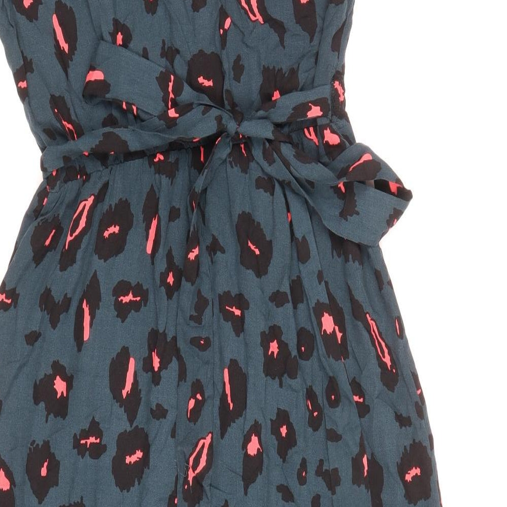 SheIn Womens Blue Animal Print Viscose A-Line Size M V-Neck Tie - Leopard Print