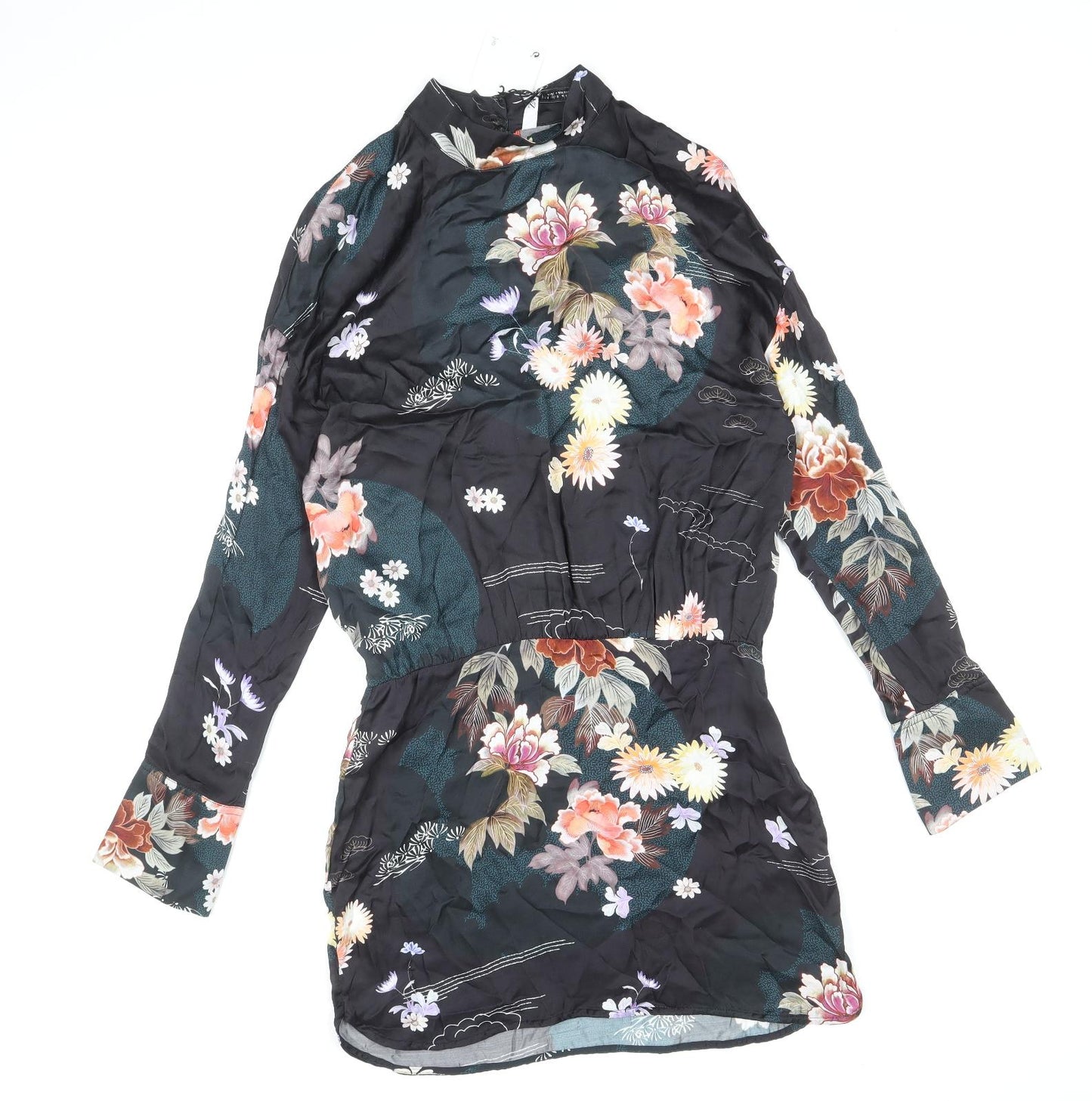 Zara Womens Black Floral Viscose Mini Size S Mock Neck Zip