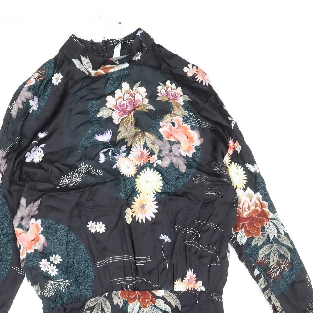 Zara Womens Black Floral Viscose Mini Size S Mock Neck Zip