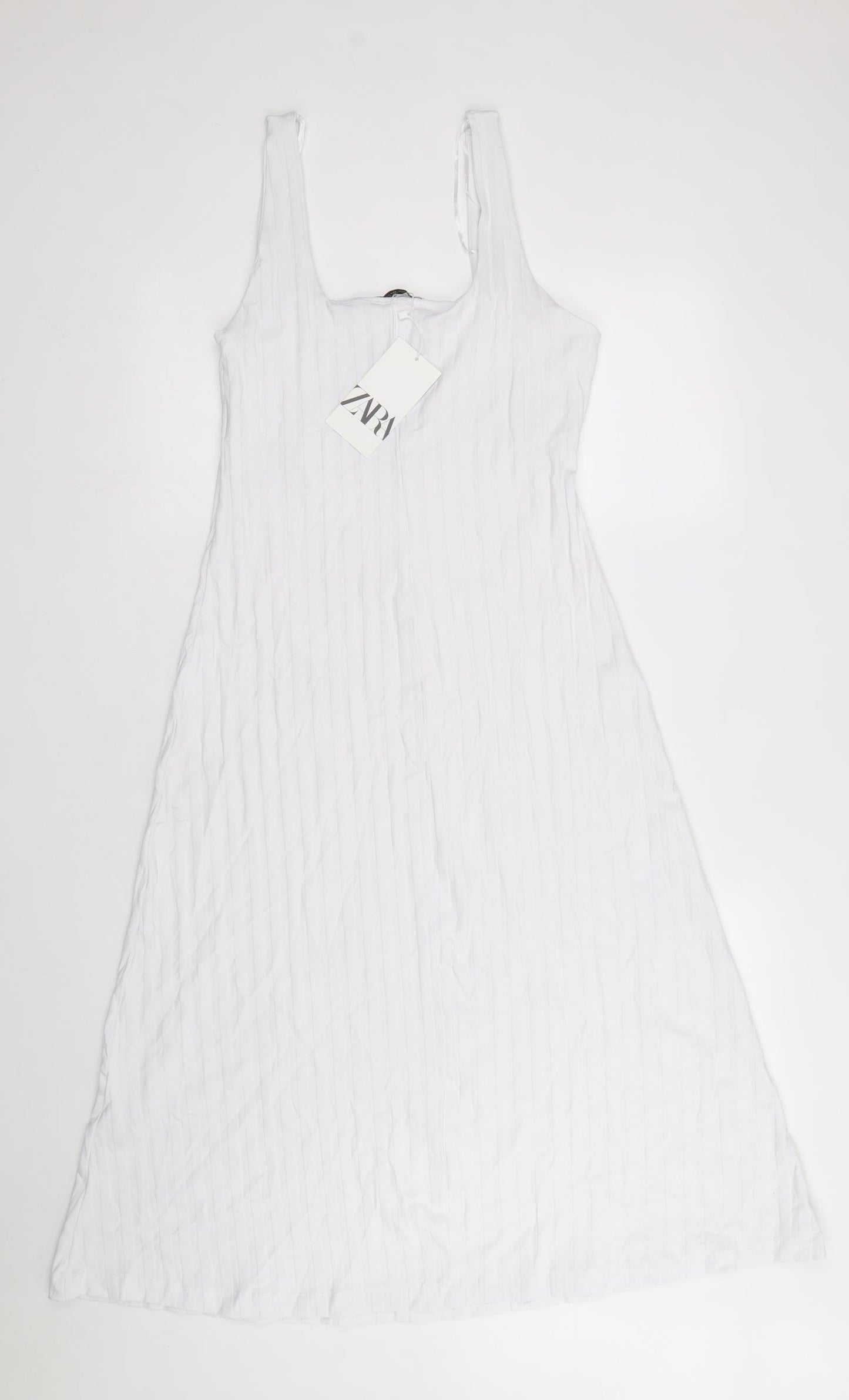 Zara Womens White Cotton Tank Dress Size M Square Neck Pullover - Ribbed