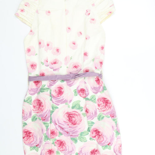 Warehouse Womens White Floral Cotton Mini Size 12 Boat Neck Zip