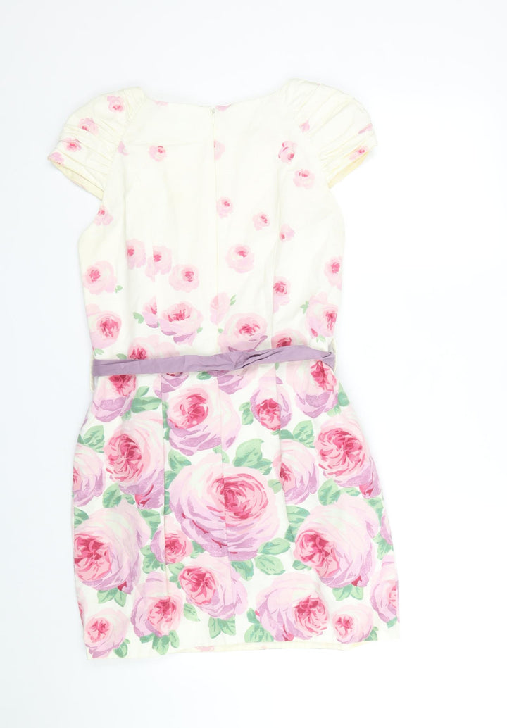 Warehouse Womens White Floral Cotton Mini Size 12 Boat Neck Zip