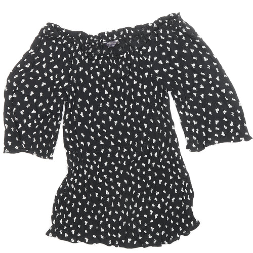 Marks and Spencer Womens Black Geometric Viscose Basic Blouse Size 8 Off the Shoulder