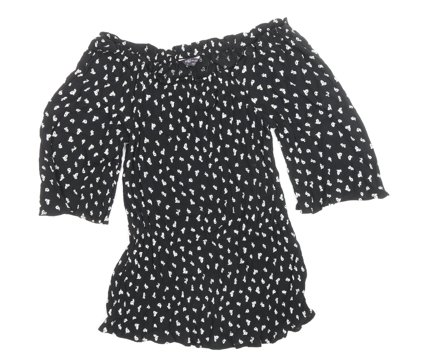Marks and Spencer Womens Black Geometric Viscose Basic Blouse Size 8 Off the Shoulder