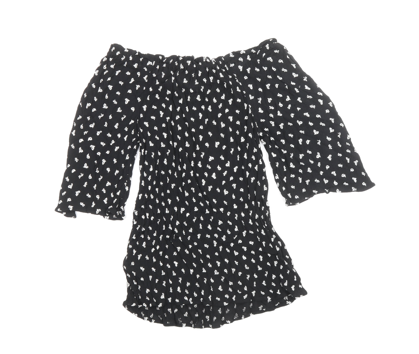Marks and Spencer Womens Black Geometric Viscose Basic Blouse Size 8 Off the Shoulder