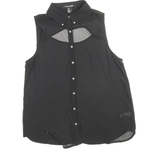FOREVER 21 Womens Black Polyester Basic Button-Up Size M Collared