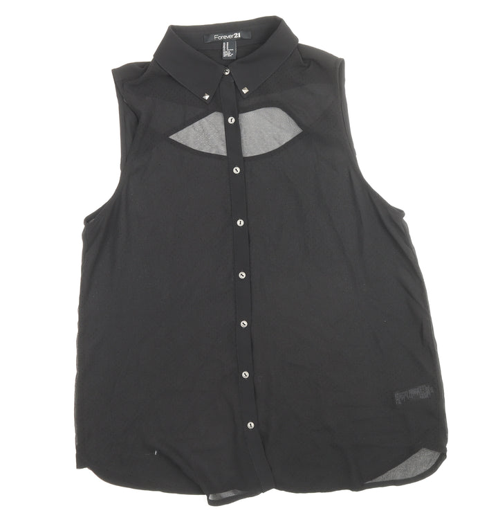 FOREVER 21 Womens Black Polyester Basic Button-Up Size M Collared