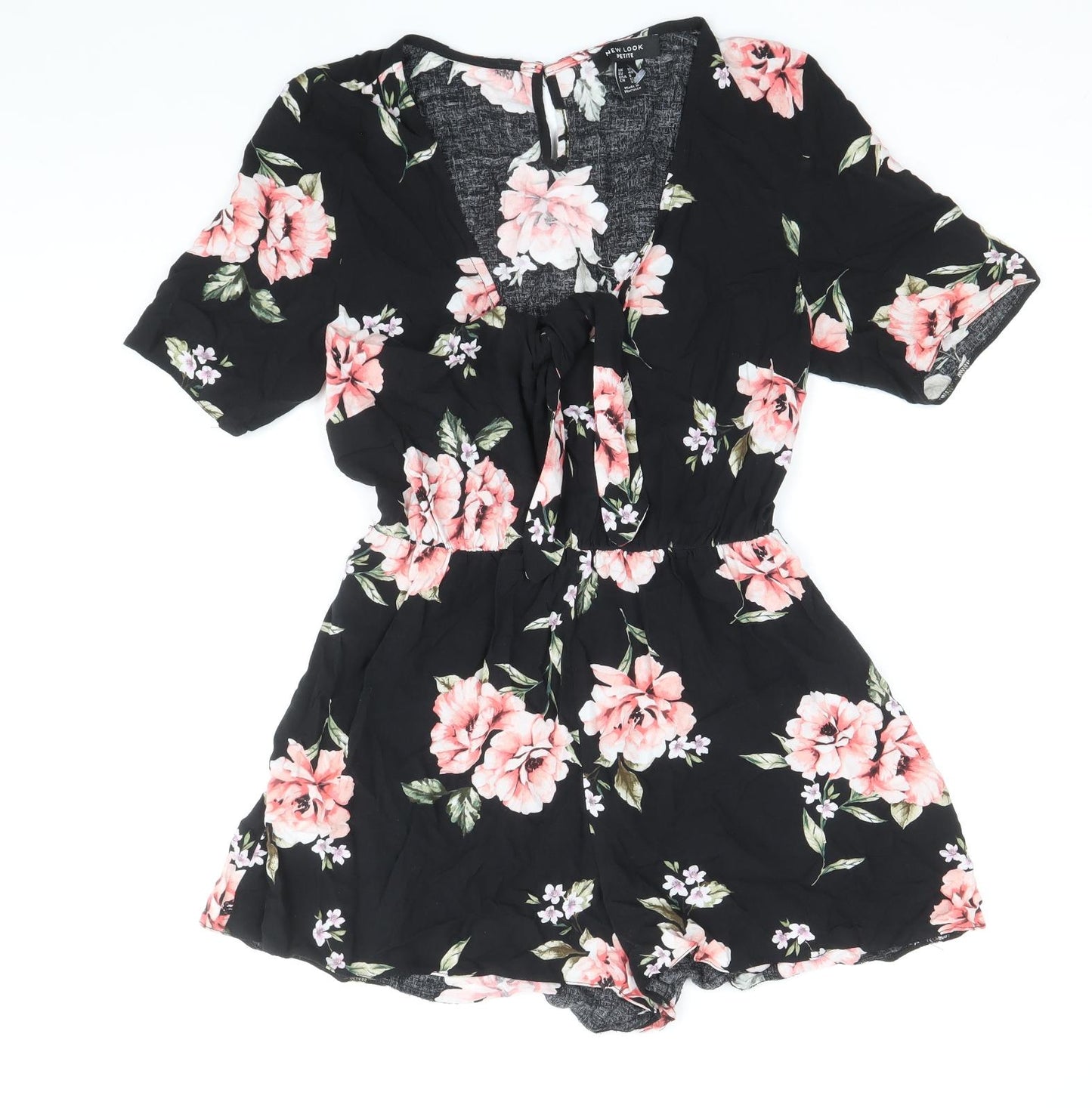 New Look Womens Black Floral Viscose Playsuit One-Piece Size 12 Button