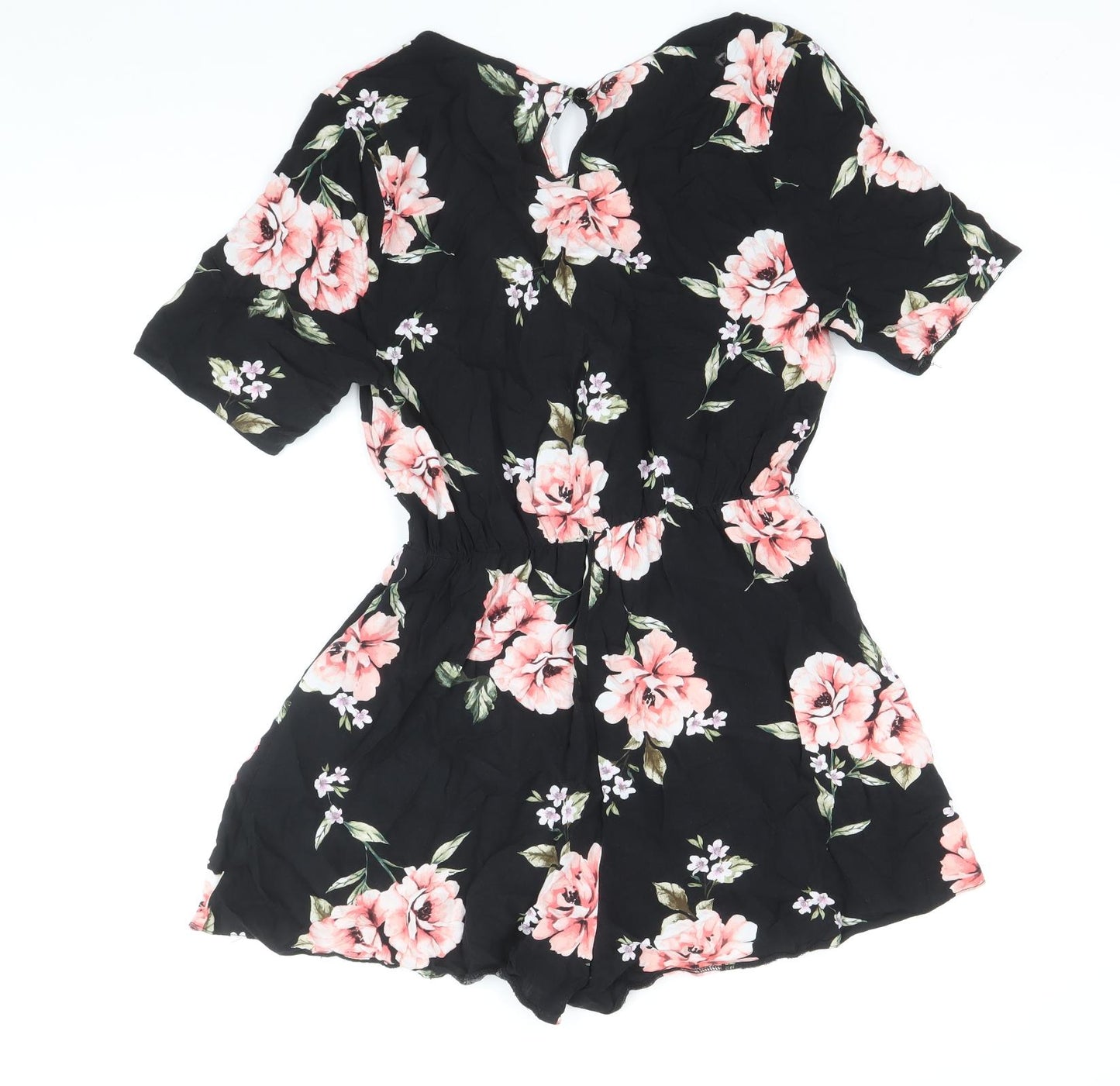 New Look Womens Black Floral Viscose Playsuit One-Piece Size 12 Button