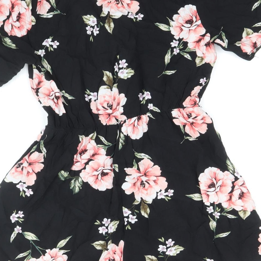 New Look Womens Black Floral Viscose Playsuit One-Piece Size 12 Button