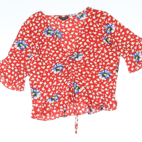 Topshop Womens Red Floral Polyester Cropped Blouse Size 12 V-Neck - Ruched