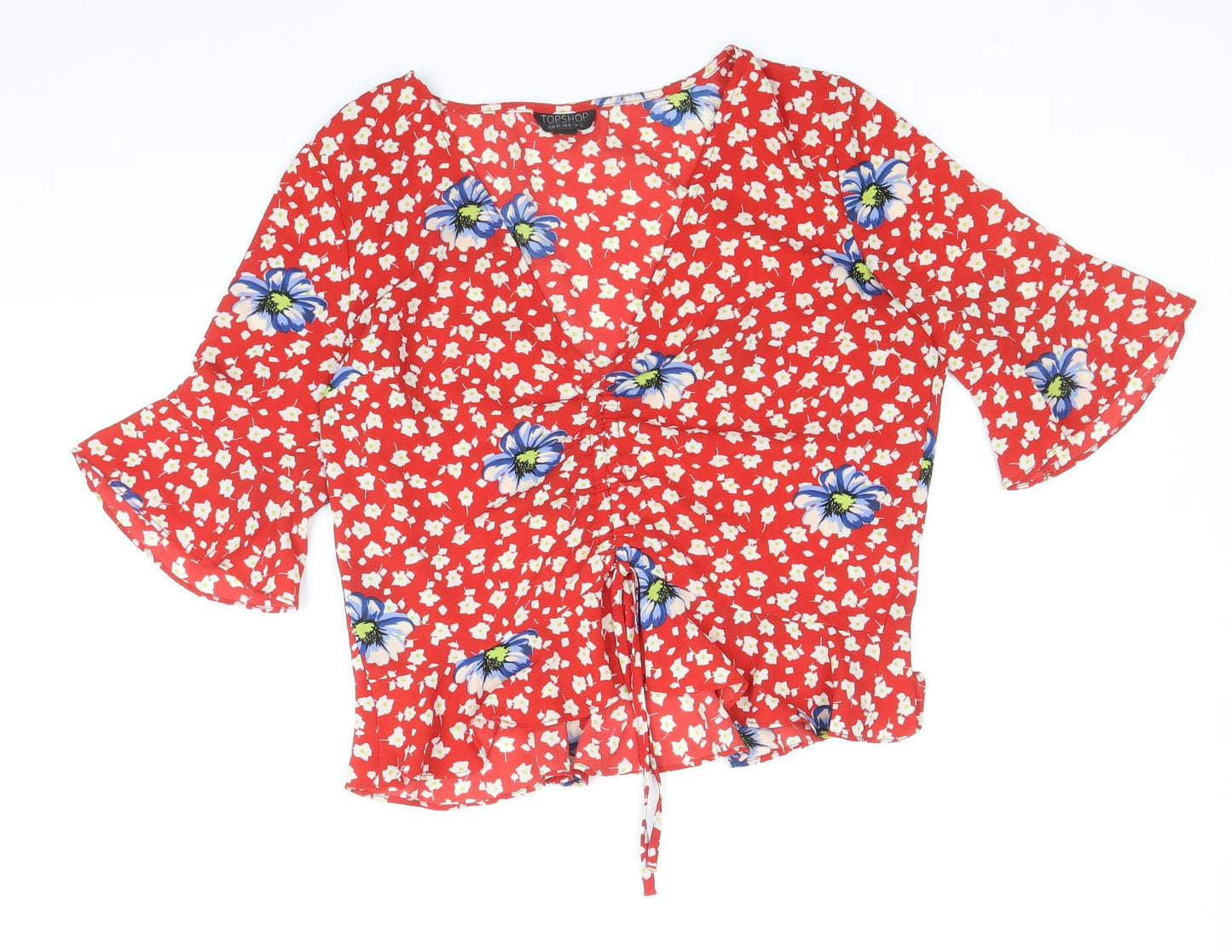 Topshop Womens Red Floral Polyester Cropped Blouse Size 12 V-Neck - Ruched