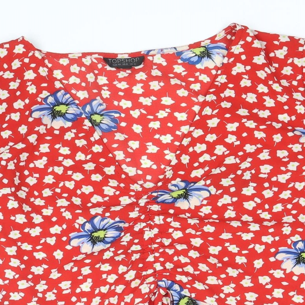 Topshop Womens Red Floral Polyester Cropped Blouse Size 12 V-Neck - Ruched
