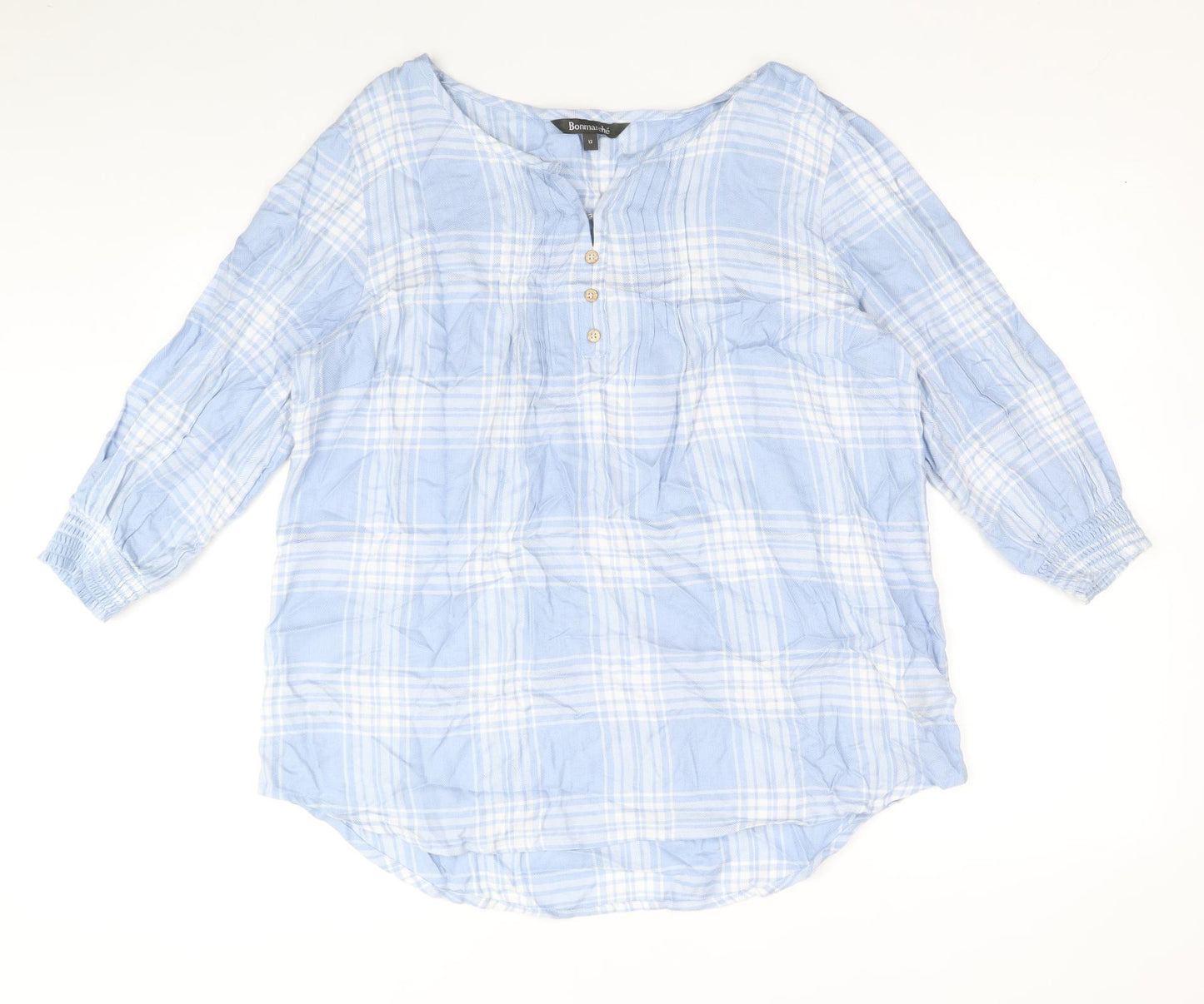 Bonmarche Womens Blue Plaid Viscose Basic Blouse Size 12 Boat Neck