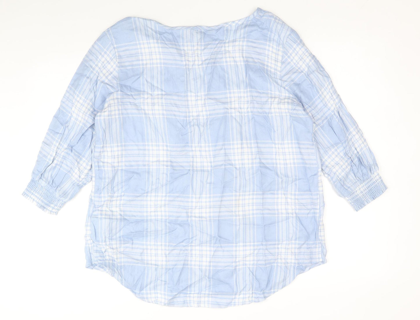 Bonmarche Womens Blue Plaid Viscose Basic Blouse Size 12 Boat Neck