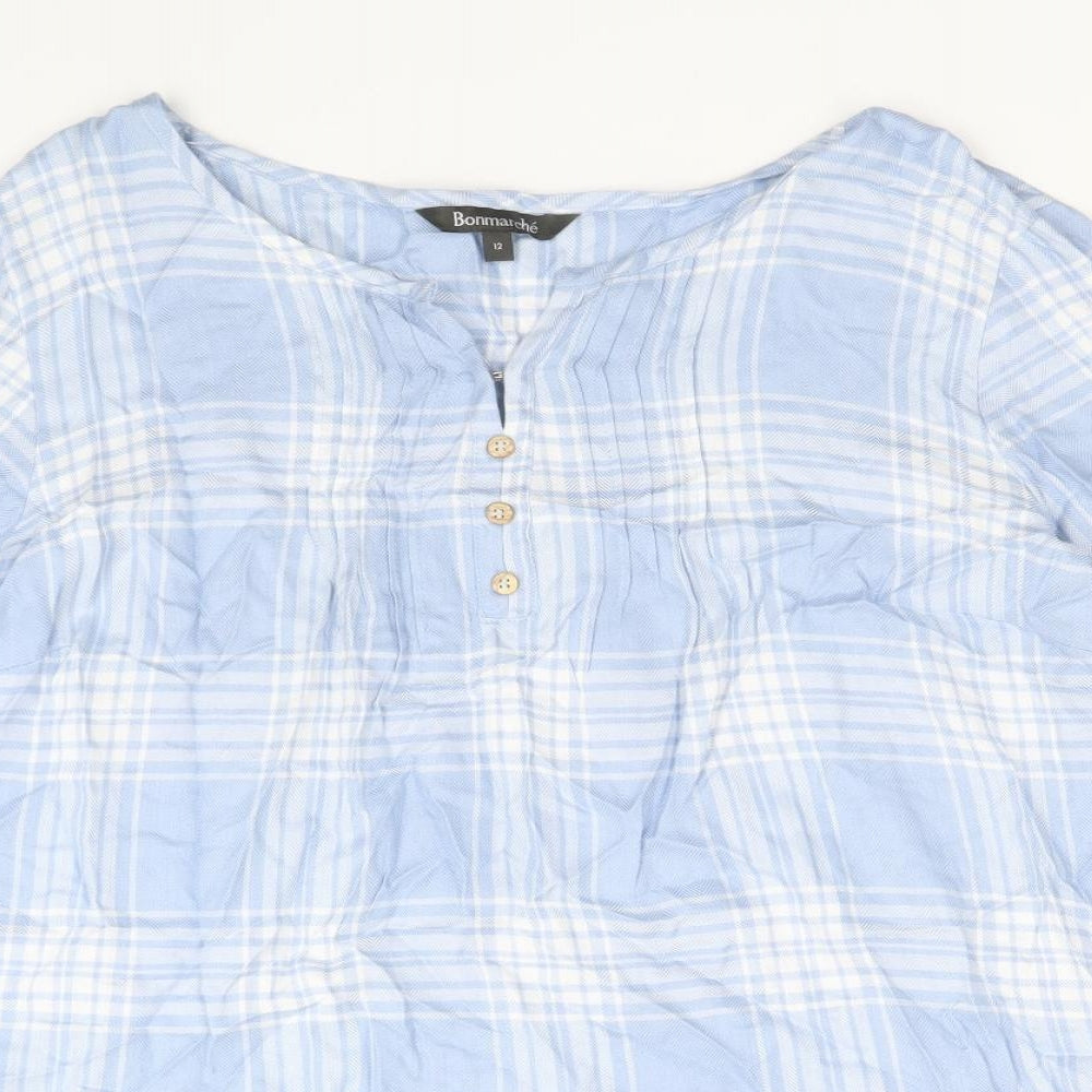 Bonmarche Womens Blue Plaid Viscose Basic Blouse Size 12 Boat Neck