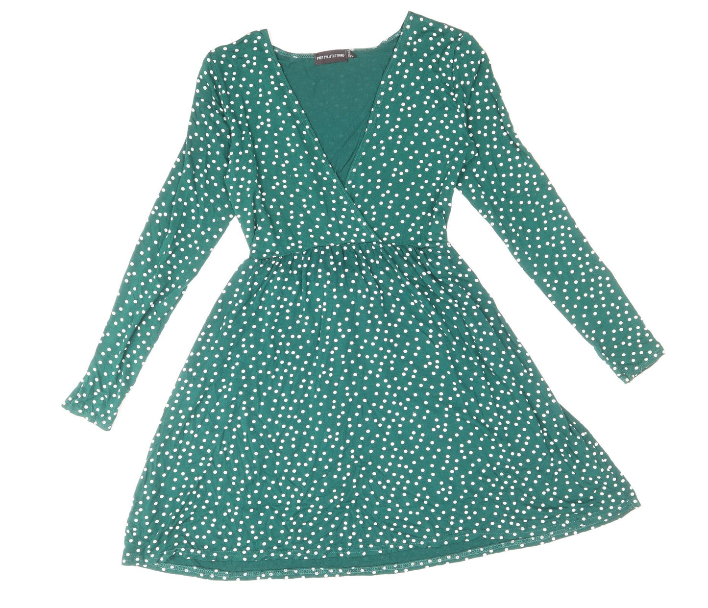 PRETTYLITTLETHING Womens Green Polka Dot Viscose Fit & Flare Size 12 V-Neck Pullover