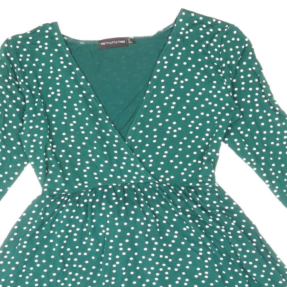 PRETTYLITTLETHING Womens Green Polka Dot Viscose Fit & Flare Size 12 V-Neck Pullover