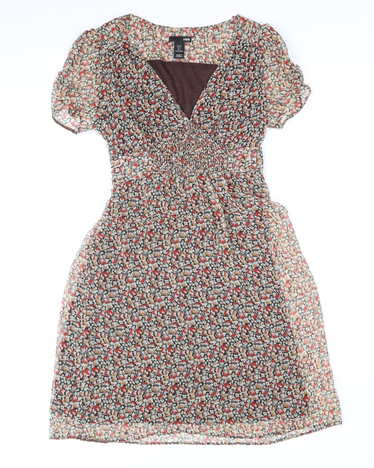 H&M Womens Brown Floral Polyester Fit & Flare Size 6 V-Neck Pullover