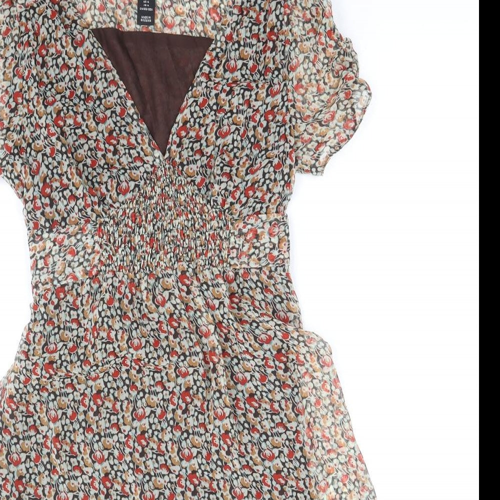 H&M Womens Brown Floral Polyester Fit & Flare Size 6 V-Neck Pullover