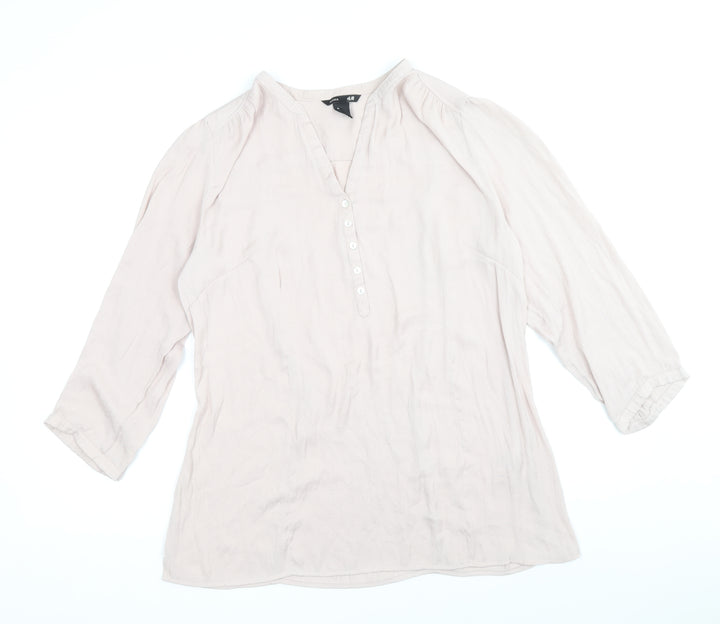 H&M Womens Pink Polyester Basic Blouse Size M V-Neck - Shirred detail on the back